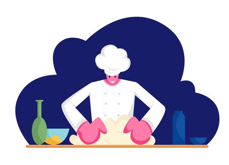 Concentrated Man Chef in Uniform Kneading Dough on Kitchen. Professional Baker Preparing Bread, Pizza or Pasta on Table with Products in Bakery Shop or Restaurant, Cartoon Flat Vector Illustrationのイラスト素材