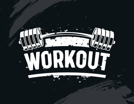 Workout Banner, Exercise in Gym with Barbell, Body Training, Creative Bodybuilding and Fitness Motivation Concept. Monochrome Black and White Typography, Grunge Style. Inspiration. Vector Illustrationのイラスト素材