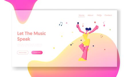 Happy Female Character Cheerfully Singing Song in Karaoke Bar, Young Girl with Microphone Performing on Party. Weekend Leisure Website Landing Page, Web Page. Cartoon Flat Vector Illustration, Bannerのイラスト素材