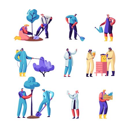 Farmers, Beekeepers, Gardeners Set. Characters Growing and Care of Plants in Garden or Greenhouse, Planting Trees, Collect Crop on Farm, Produce Honey, Seasonal Work, Cartoon Flat Vector Illustrationのイラスト素材