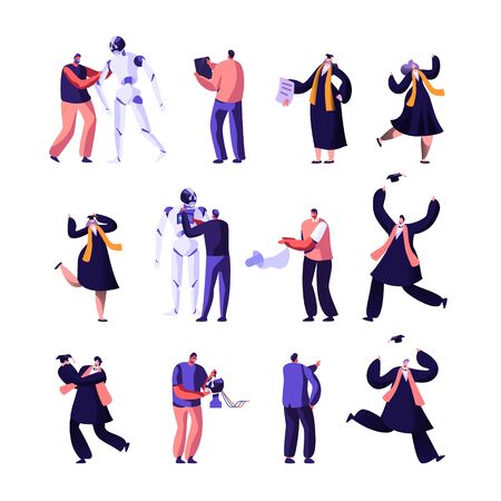 Engineers Making and Programming Robots, University Alumnus Set. Characters in Graduation Gowns Get Diploma, Robotics Hardware and Software, Artificial Intelligence Cartoon Flat Vector Illustrationのイラスト素材