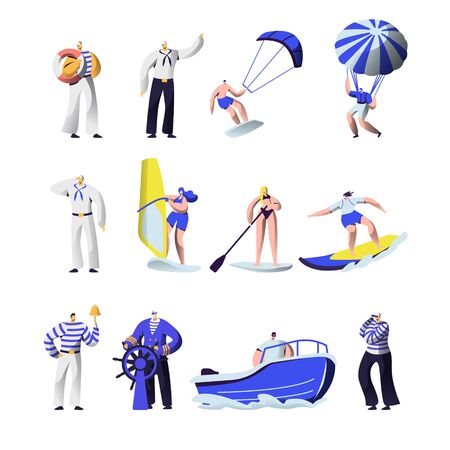 Summer Time Extreme Sports and Sea Professions Set. Ship Crew Uniform, Captain, Sailors, Surfing, Sup Board, Paragliding, Motor Boat Riding, Sailing, Vacation, Leisure Cartoon Flat Vector Illustrationのイラスト素材