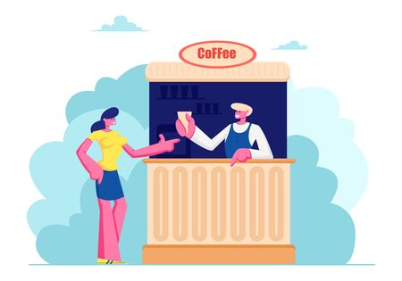 Young Woman Buying Coffee in Booth on Street. Summer Cafe with Drinks, Girl Buy Hot Beverages in Outdoor Cafeteria, Leisure, Walk, Spare Time, Salesman Serve Customer Cartoon Flat Vector Illustrationのイラスト素材