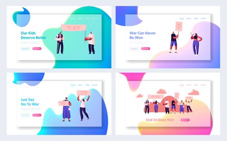 Protesting People Website Landing Page Set, Characters with Placards and Signs against War for Love on Strike or Demonstration, Protest, Riot, Picket Web Page. Cartoon Flat Vector Illustration, Bannerのイラスト素材