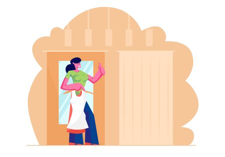 Young Woman Trying on Closes and Apparel in Dressing Room at Garment Fashion Store, Girl in New Dress Stand in Cabin with Mirror in Shop Show Thumb Up. Shopping Time. Cartoon Flat Vector Illustrationのイラスト素材