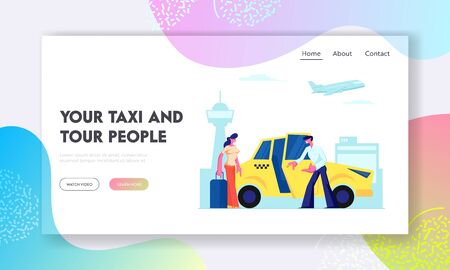 Driver Invite Girl Passenger to Car on Airport Background. Woman with Luggage Going to Sit in Yellow Cab. City Taxi, Destination Website Landing Page, Web Page. Cartoon Flat Vector Illustration Bannerのイラスト素材