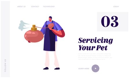 Tiny Character Hold Huge Perfume Sprayer Bottle. Pet Beauty Salon Website Landing Page, Styling Grooming Shop, Groomer with Domestic Animals Accessory Web Page. Cartoon Flat Vector Illustration Bannerのイラスト素材