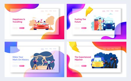 Loving Couple Travel by Car, Hijackers Steal Automobile, People Visiting Dinosaur Museum, Worker Filling Vehicle on Gas Station Website Landing Page, Web Page. Cartoon Flat Vector Illustration, Bannerのイラスト素材