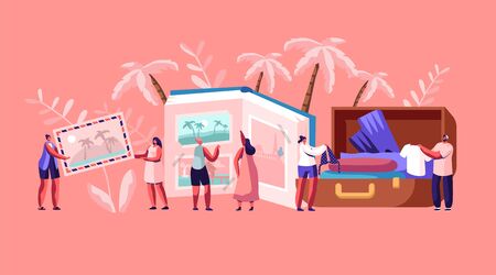 Young People After Vacation Concept, Tiny Characters Men and Women Watching Photo Album, Take Out...