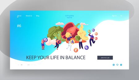 Healthy Lifestyle, Organic Food Choice Website Landing Page. Fruits, Vegetables, Cheese and Eggs as Source of Health, Vitamins in Products Concept Web Page. Cartoon Flat Vector Illustration, Bannerのイラスト素材