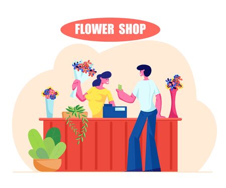 Young Man Buying Bouquet in Flower Shop. Saleswoman Giving Blossoms to Customer Visiting Floristic Store for Choosing and Buying Present, Florist Profession, Job. Cartoon Flat Vector Illustrationのイラスト素材