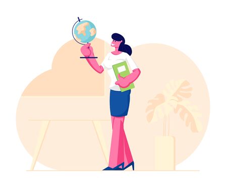 Geography Teacher Woman Character Holding Globe and Class Journal Stand on Classroom Background with Table, Blackboard and Potted Plant, School Worker, Occupation. Cartoon Flat Vector Illustrationのイラスト素材