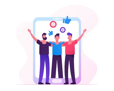 People Meeting in Internet, Men Holding Hands at Huge Smartphone Screen, Male Characters Hugging, Friendship, Human Relations, Web Dating, Social Media App Concept. Cartoon Flat Vector Illustrationのイラスト素材
