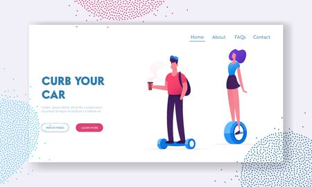 People Riding Modern Transporters Website Landing Page. Hoverboard or Self-balancing Board, Electric Unicycle, Motorized Kick Scooter Eco Transport Web Page Banner. Cartoon Flat Vector Illustrationのイラスト素材