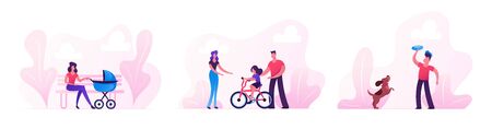 People Walking in Park, Summer Time Outdoors Activity. Woman with Baby Stroller, Parents Teach Child Riding Bicycle, Teenager Playing Frisbee with Dog, City Life. Cartoon Flat Vector Illustrationのイラスト素材