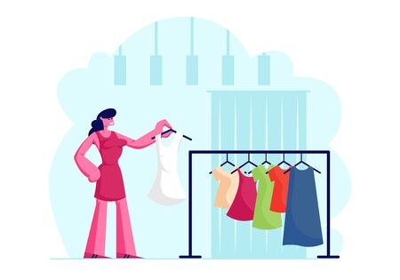 Young Stylish Woman Choosing New Fashioned Dress in Store. Girl Buying Garment Standing near Hanger in Apparel Boutique in Mall. Female Character Shopping Spare Time. Cartoon Flat Vector Illustrationのイラスト素材
