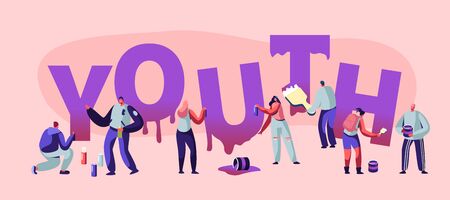 Youth Concept with Street Artist Teenagers Painting Graffiti. Urban Teens City Lifestyle, Young People Creative Hobby Activity Drawing Poster Banner Flyer Brochure. Cartoon Flat Vector Illustrationのイラスト素材