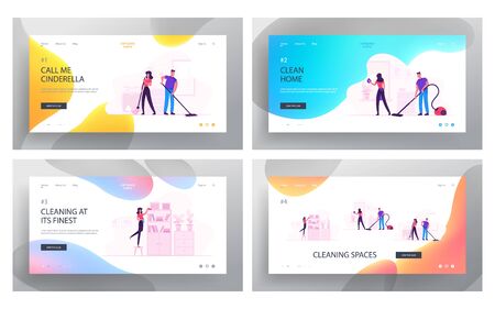 Male and Female Characters Cleaning Home on Weekend Website Landing Page Set. Happy Couple Family Dutiesのイラスト素材