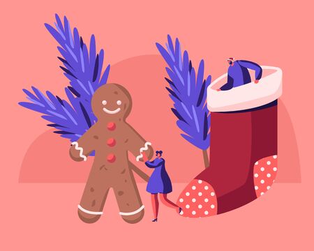 Xmas Symbols Gingerbread Man, Fir-tree Branches and Sock for Sweets. Tiny Man and Woman Celebrate Christmas and New Year Holidays. Festive Winter Season Celebration. Cartoon Flat Vector Illustrationのイラスト素材