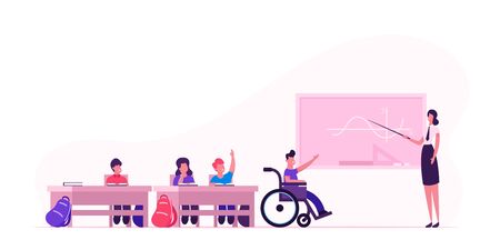 Back to School Concept with Children and Teacher. Young Woman and Disabled Boy in Wheelchair near Blackboard in Classroom. Kids in Class Lesson. Disability, Education Cartoon Flat Vector Illustrationのイラスト素材