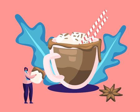 Hot Drink for Autumn or Winter Cold Season Concept. Tiny Woman Hold Marshmallows Piece Stand at Huge Cup with Hot Chocolate or Cocoa Beverage with Straw and Sprinkles Cartoon Flat Vector Illustrationのイラスト素材