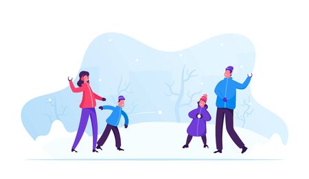 Young Happy Family of Parents and Kids Playing Snowball Fight and Having Snow Fun in Winter Day. Cheerful Mother and Father Playing Snowballs with Their Children. Cartoon Flat Vector Illustrationのイラスト素材