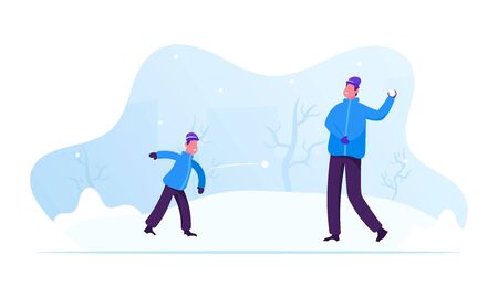 Winter Season Outdoors Leisure and Activities. Happy Family Young Father and Little Son Playing Snowballs on Street. People Have Fun Christmas and New Year Holidays. Cartoon Flat Vector Illustrationのイラスト素材