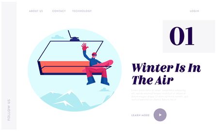 Winter Vacations Activity Concept for Website Landing Page. Happy Man Snowboarder Rise to Ski Lift Elevator and Waving Hand. Ski Resort Opening Season Web Page Banner. Cartoon Flat Vector Illustrationのイラスト素材