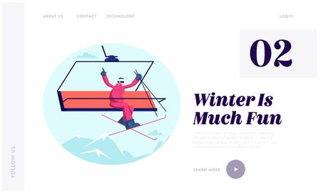 Winter Season Ski Resort Open Website Landing Page. Cheerful Man Skier Rising Up to Hill by Cable Way Waving Hands. Wintertime Sports Fun and Activity Web Page Banner. Cartoon Flat Vector Illustrationのイラスト素材