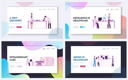 Mri Scanning Procedure, Chemistry Science Laboratory Website Landing Page Set. Magnetic Resonance Imaging Machine with Patient in Hospital, Scientists Web Page Banner. Cartoon Flat Vector Illustrationのイラスト素材