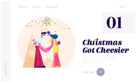 Merry Christmas and New Year Party Celebration Website Landing Page. Happy Loving Couple Kissing and Holding Hands under Mistletoe Branch with Gifts Web Page Banner. Cartoon Flat Vector Illustrationのイラスト素材