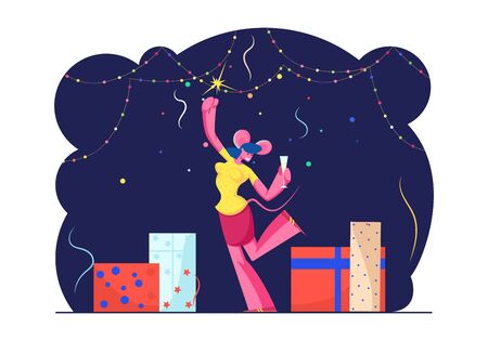 2020 New Year Party Celebration. Cheerful Woman Wearing Mouse Ears on Head Dancing in Decorated Room with Garlands and Gifts with Sparkler and Champagne Glass in Hands Cartoon Flat Vector Illustrationのイラスト素材