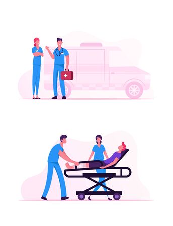 Ambulance Medical Staff Service Occupation. Medics Carrying Man Patient with Broken Leg to Hospital. Emergency Paramedic Doctors Characters Stand at Car. Health Care Cartoon Flat Vector Illustrationのイラスト素材