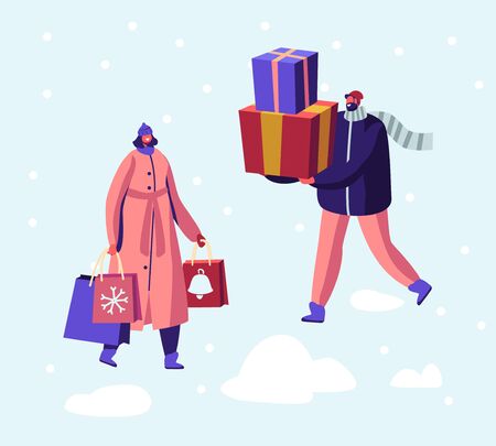 Christmas and New Year Sale and Shopping, Preparation for Winter Holidays. Happy Male and Female Characterのイラスト素材