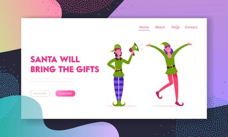 Christmas Holiday Celebration Website Landing Page. Couple of Young Faceless Girls Characters Wearing Elf Costumesのイラスト素材