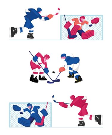 Set of Hockey Players Isolated on White Background. Men in Sports Uniform with Sticks Practicing Game. Sportsmen on Ice Rink with Equipment Competition. Cartoon Flat Vector Illustration, Clip Artのイラスト素材