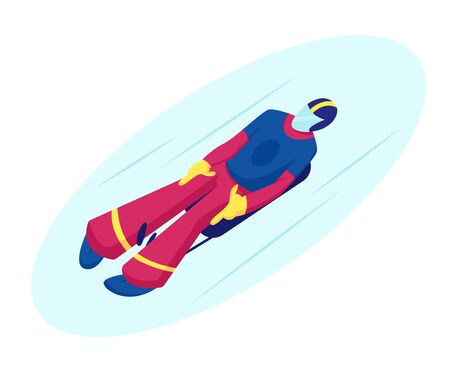 Skeleton Sport. Athlete in Sportswear and Helmet Lying on Sleigh Face Up Descend on Ice Track Sportsman Riding Sled Take Part in Game Winter Sports Competition Cartoon Flat Vector Illustrationのイラスト素材