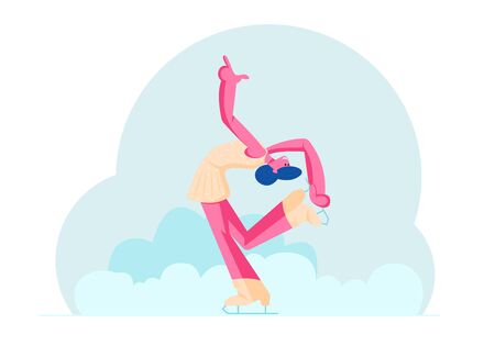 Girl in Dress Figure Skating at Sports Arena Making Complicated Stunt of Back Deflection on Ice Rink. Acrobatic Dancing Individual Program. Winter Sport Championship. Cartoon Flat Vector Illustrationのイラスト素材