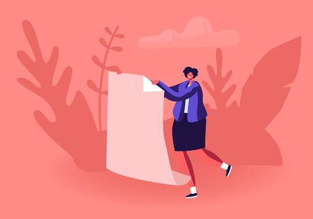 Tiny Smiling Woman Holding Huge White Piece of Paper for Making Origami Figures in Hands. Creative Occupation, Office Paper Work Concept. Female Character Carry Sheet. Cartoon Flat Vector Illustrationのイラスト素材