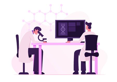 Dna Engineering and Genetics Science Concept. Scientists Conducting Experiment and Scientific Research in Laboratory. Man Look in Microscope, Technician Work on Pc Cartoon Flat Vector Illustrationのイラスト素材