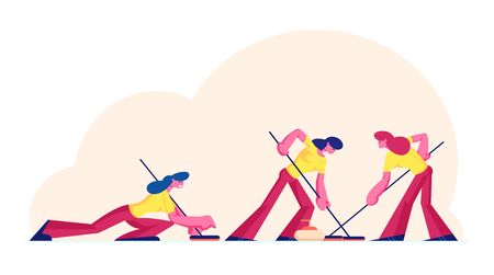 Women Sports Team Playing Curling Game Sweeping Ice with Special Brushes and Pushing Granite Stones...