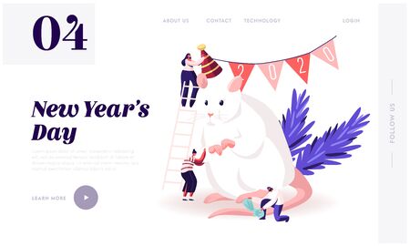 2020 New Year Holidays Website Landing Page. Group of Happy People Prepare for Party Celebration Decorateのイラスト素材