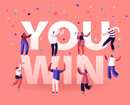 You Win Concept. Cheerful People Laughing Dancing and Celebrating with Hands Up. Employees Rejoice for New Project Success and Victory Poster Banner Flyer Brochure. Cartoon Flat Vector Illustrationのイラスト素材
