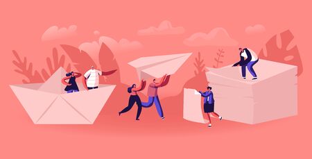 Happy People Origami Hobby Occupation Concept. Male and Female Character Creating Figures of Paper, Throwing Airplane and Ship, Man Sitting on Top of White Sheets Heap Cartoon Flat Vector Illustrationのイラスト素材