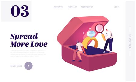 Men Choose Engagement Ring for Woman Website Landing Page. Characters Sitting on Huge Box with Diamond Jewelry Looking to Magnifier Glass on Gemstone Web Page Banner. Cartoon Flat Vector Illustrationのイラスト素材