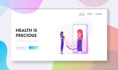 Online Healthcare Service Website Landing Page. Doctor on Big Smartphone Screen Listen Patient Heart Beatingのイラスト素材