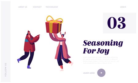 Happy Friends Greetings Website Landing Page. Female Characters Giving Presents to Each Other on Winter Holidaysのイラスト素材