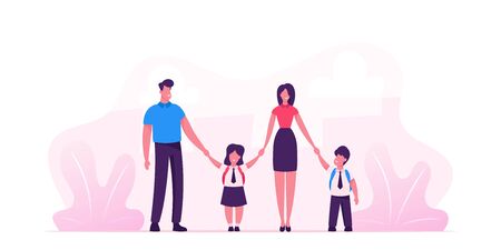 Mother and Father Leading their Children to School. Portrait of Modern Family Walking Together. Parents and Kidsのイラスト素材