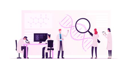 Medicine Genetic Technology. Scientists Working with Dna Structure Looking through Huge Magnifying...