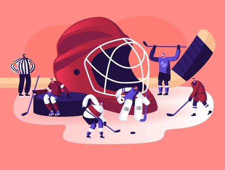 Men in Sports Uniform with Sticks Practicing Hockey Game. Players Stand on Ice Rink with Huge Equipment and Judge. Male Characters Take Part in Competition Tournament. Cartoon Flat Vector Illustrationのイラスト素材